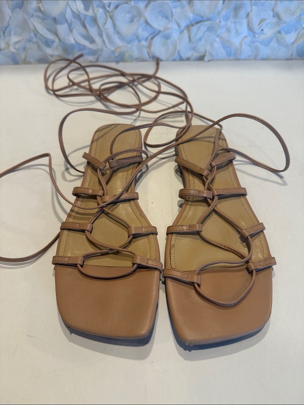 Marc Fisher Tan Lace-Up Strappy Square-Toe Sandals